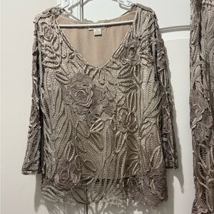 Soulmates Taupe Embroidered Lace V-Neck Tunic and skirt set